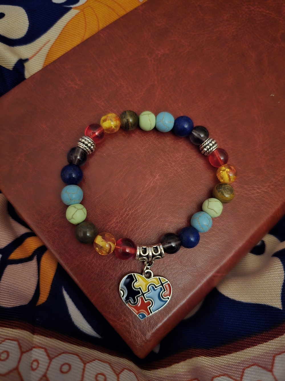 Autism Acceptance Multicolor Beaded Heart Puzzle Piece Charm Bracelet